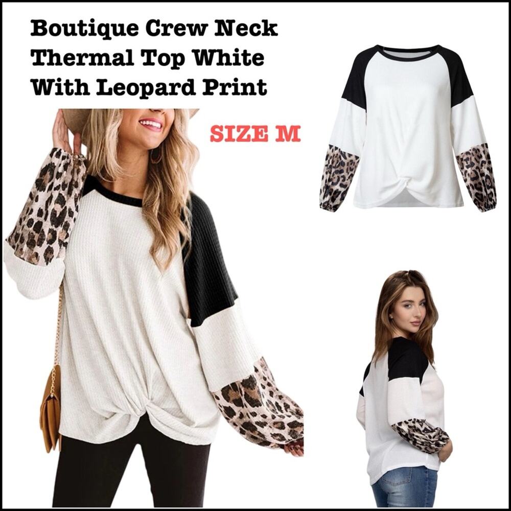 #T80B Boutique Crew Neck Thermal Top White With Leopard Print SZ M $69